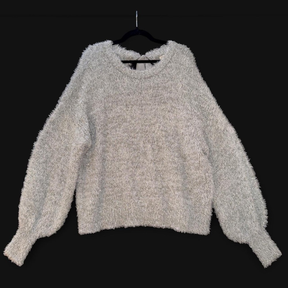 Cato Silver Metallic Fuzzy Sweater 18/20W Tie Back Sparkle Holiday Party